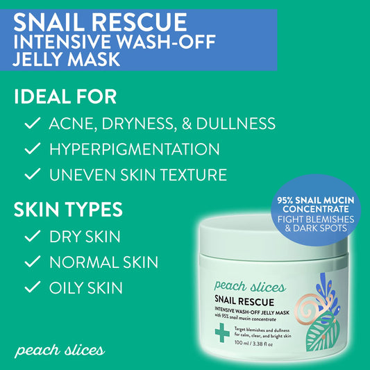 Peach Slices | Snail Rescue Intensive Treatment Wash-Off Face Mask | 95% Snail Mucin | For Dark Spots & Blemishes | Refreshing & Calming Mask | Clear, Radiant, & Hydrated Skin | Skin Care | 3.38 Oz