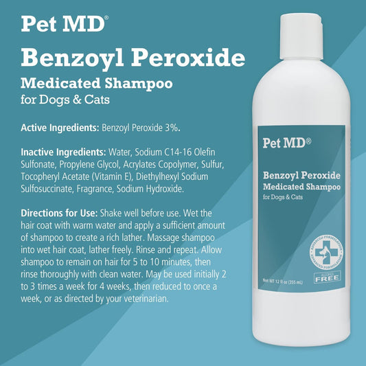 Pet Md - Benzoyl Peroxide Medicated Shampoo For Dogs And Cats - Effective For Skin Conditions, Dandruff, Itch Relief, Acne And Folliculitis - Citrus Scent - 12 Oz