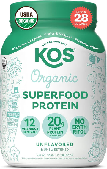 Kos Vegan Protein Powder, Unflavored & Unsweetened - Low Carb Pea Protein Blend, Organic Superfood Rich In Vitamins & Minerals - Keto, Soy, Dairy Free - Meal Replacement For Women & Men - 28 Servings