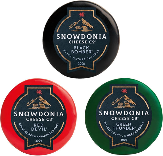 Snowdonia Cheese Company 3X Truckles Black Bomber Extra Mature Cheddar, Red Devil Red Leicester, Green Thunder Garlic & Herb Cheddar Gift Hamper From Great British Trading Limited