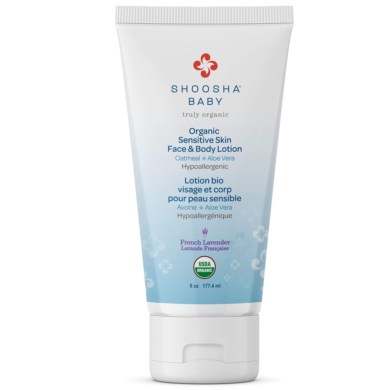 Shoosha Organic Baby Lotion French Lavender, For Sensitive Skin, All Natural Face And Body Lotion For Kids, Hypoallergenic, Gluten-Free, Non-Sticky, 100% Biodegradable