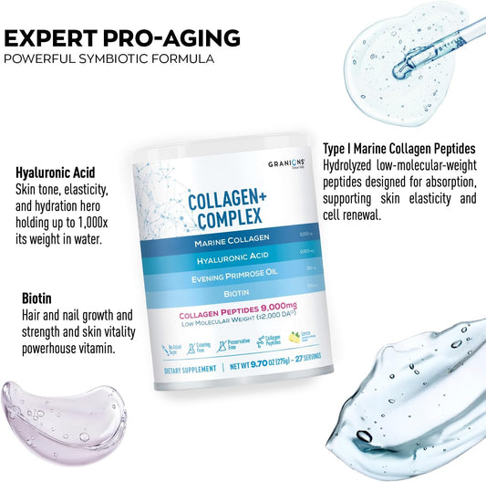 Marine Collagen Powder Supplement - Type I Hydrolyzed Marine Collagen Peptides, Biotin, Hyaluronic Acid, Vitamin C, Vital Antioxidants Complex - Skin Supplements For Women - Pink Lemonade, 9.7Oz