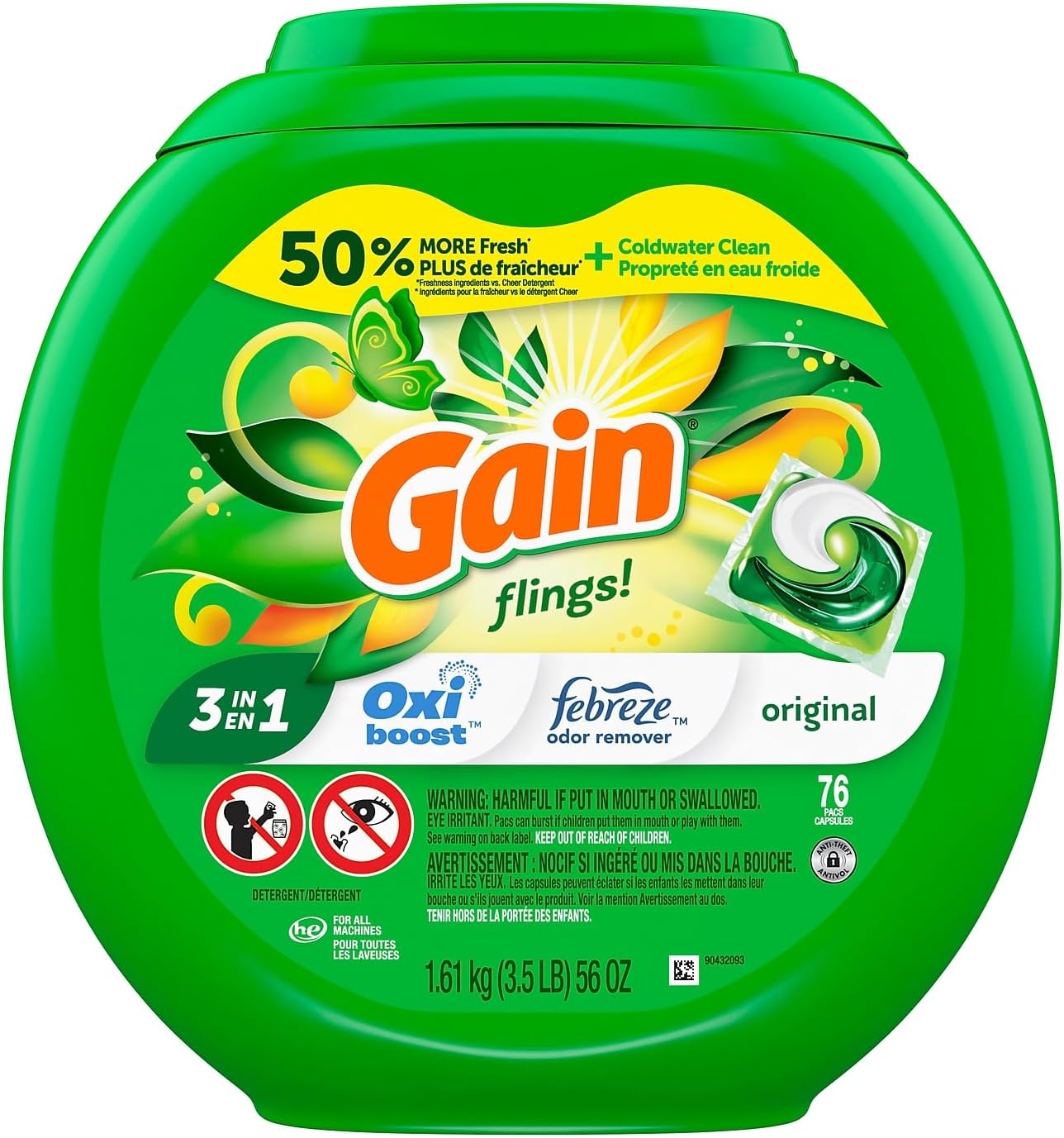 Gain Flings Laundry Detergent Soap Pacs He Compatible Long Lasting Scent, Original Scent, 76 Count