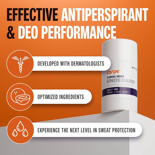 Carpe Clinical Strength Deodorant + Antiperspirant - Clinical Grade Solid Stick - Combat Excessive Underarm Sweating + Hyperhidrosis (Fresh Linen Scent)