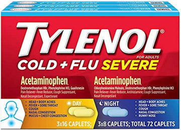 Tylenol Cold & Flu Severe Day & Night Caplets, Pack of 72