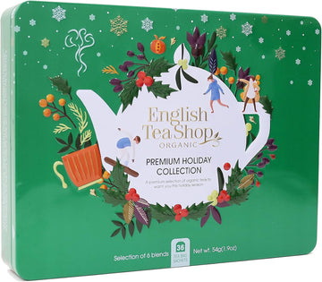 English Tea Shop Organic Premium Holiday Collection Holly Green Gift Tin 36 Tea Bag Sachets - 6 Different Flavours