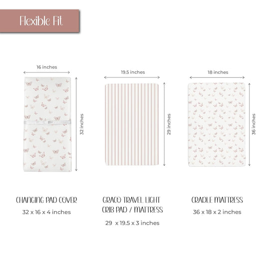 Ely'S & Co. Changing Pad Cover - Cradle Sheet Set 2 Pack 100% Jersey Cotton For Baby Girl Pink Butterflies + Stripes