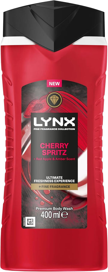 Lynx Fine Fragrance Collection Cherry Spritz Premium Body Wash Body Cleanser Shower Gel With A Cherry, Red Apple & Amber Scent For 12 Hours Of Freshness 400 Ml