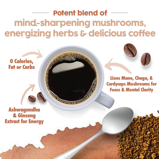 Dr. Emil Mushroom Coffee For Focus & Energy - Instant Coffee With Lions Mane, Chaga & Cordyceps - Delicious Caramel Flavor & Potent Mushroom Powder Blend