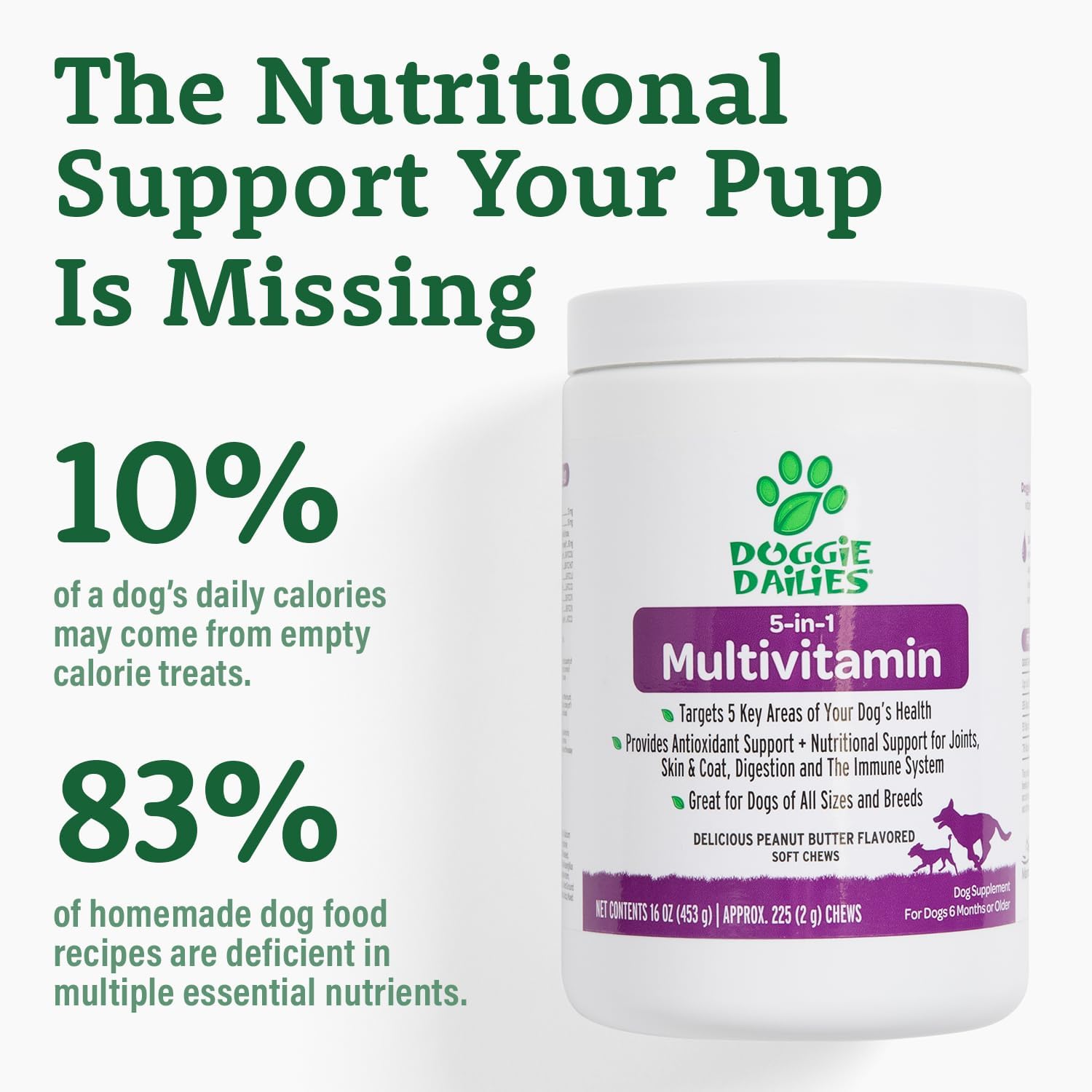 Doggie Dailies 5 in 1 Multivitamin for Dogs, 225 Soft Chews, Dog Multivitamin for Skin and Coat Health, Joint Health, Improved Digestion, Antioxidants, Support a Healthy Immune System : Pet Supplies