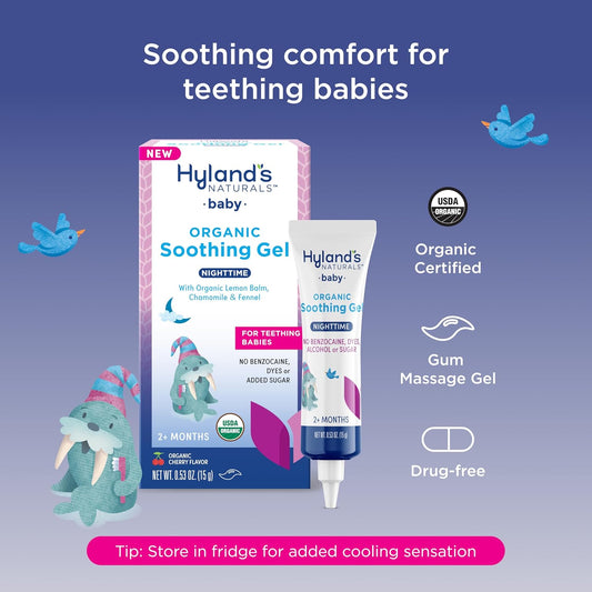 Hyland'S Baby Organic Night Oral Soothing Gel, With Chamomile, Calendula, And Fennel, Cooling Gel For Oral Discomfort, Easy-To-Apply, Ages 2 Months And Up, 0.53 Ounce