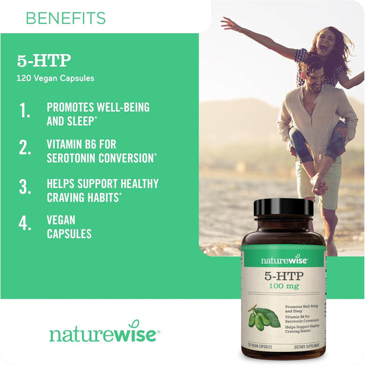 Naturewise 5 Htp 100Mg, 5 Htp Supplement W/Vitamin B6, From Griffonia Seeds - Mood Support Supplement, Natural Sleep Aids For Adults - Delayed Release Capsule, Vegan - 120 Count[2-4 Month Supply]