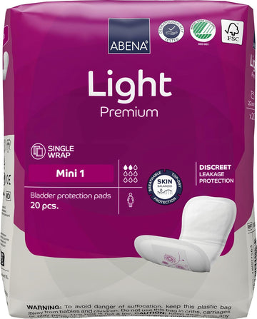 Abena Light Incontinence Pads, Eco-Labelled Womens Incontinence Pads for Adults, Breathable & Comfortable with Fast Absorption Protection Incontinence Pads for Women, Light Mini 1 White, 180 ml, 20PK