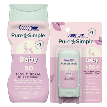 Coppertone Pure And Simple Baby Mineral Sunscreen Lotion Spf 50 (6 Fl Oz) + Baby Sunscreen Stick Spf 50 (0.49 Oz), Hypoallergenic And Tear Free
