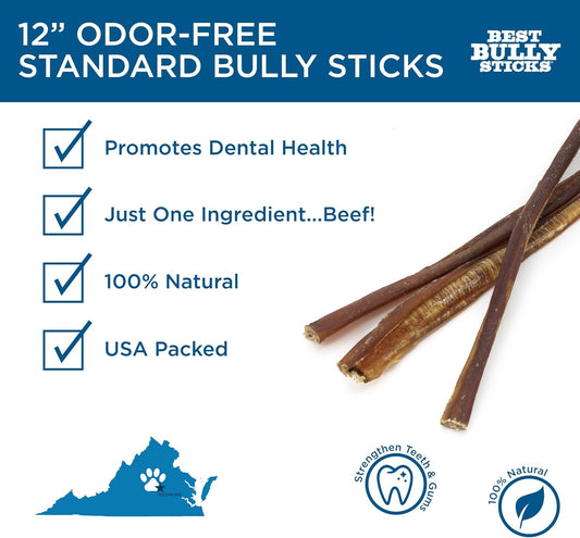 Best Bully Sticks 12 Inch Odor Free Bully Sticks for Dogs, 12 Pack - 100% Natural, Grass-Fed Beef, Digestible Bully Bones, Grain and Rawhide Free, Odorless Dog Bully Sticks for Large Dogs