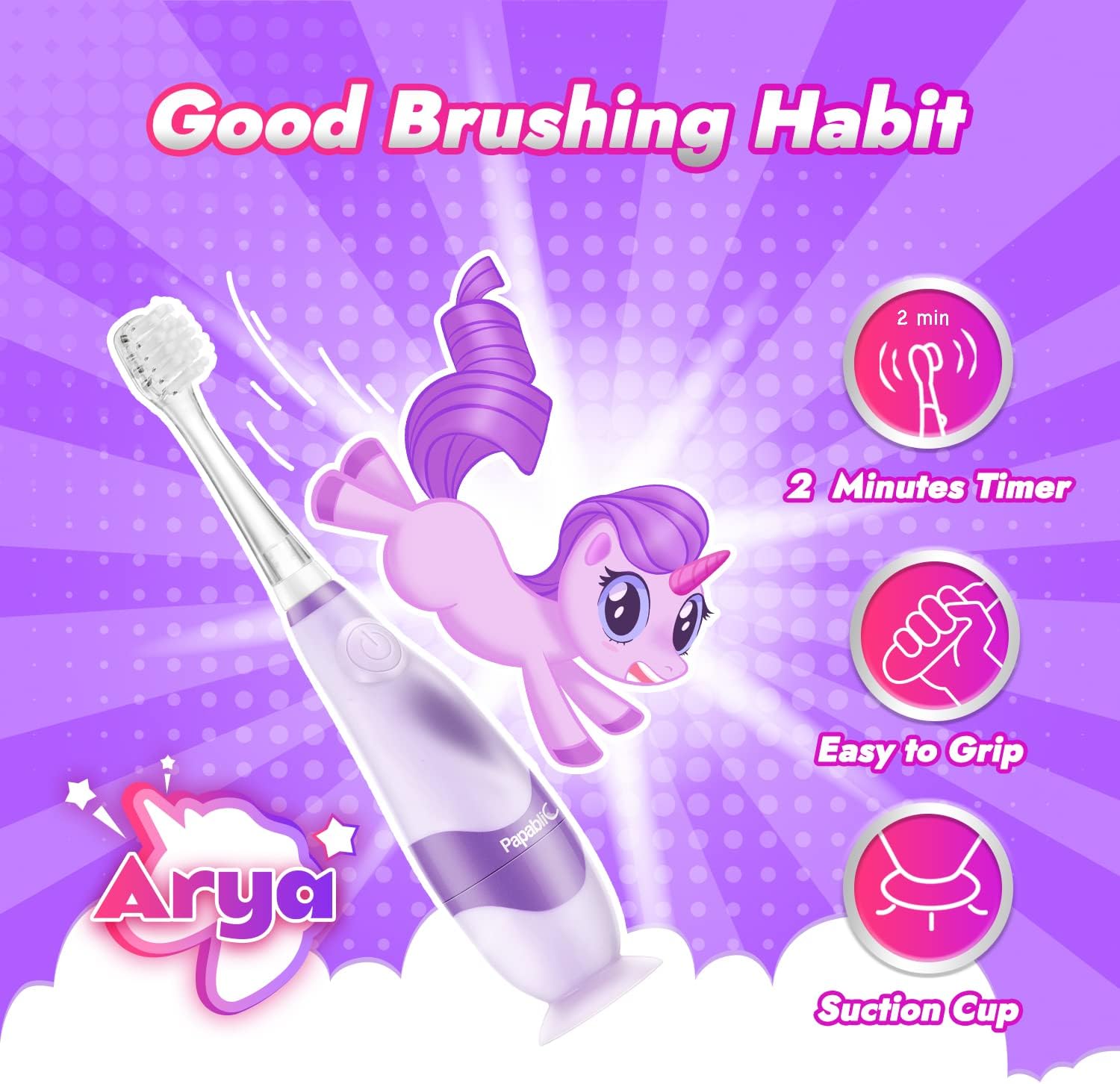 Papablic Toddler Sonic Electric Toothbrush for Ages 1-3 Years, Baby Electric Toothbrush with Cute Unicorn Cover and Smart LED Timer, 4 Brush Heads (Arya) : Health & Household