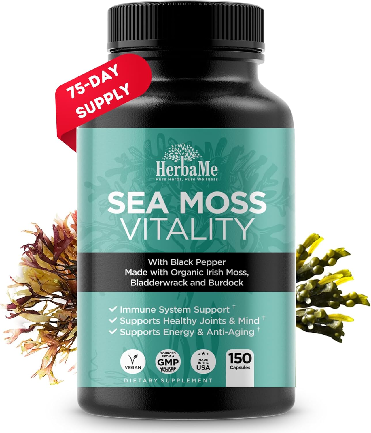 Organic Irish Sea Moss With Bladderwrack, Burdock Root & Black Pepper Extract, 150 Capsules, Thyroid Support, Natural Iodine Source, Promotes Immune System, Cell Food, Alkaline Supplement
