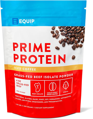 Equip Foods Prime Protein - Grass Fed Beef Protein Powder Isolate - Paleo And Keto Friendly, Gluten Free Carnivore Protein Powder - Iced Coffee, 1.52 Pounds - Helps Build And Repair Tissue