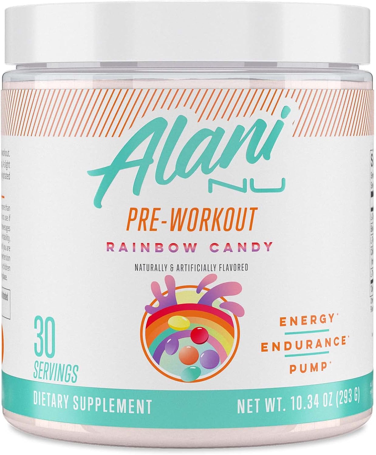 Alani Nu Pre Workout Powder | Amino Energy Boost | Endurance Supplement | Sugar Free | 200mg Caffeine | L-Theanine, Beta-Alanine, Citrulline | 30 Servings (Rainbow Candy)