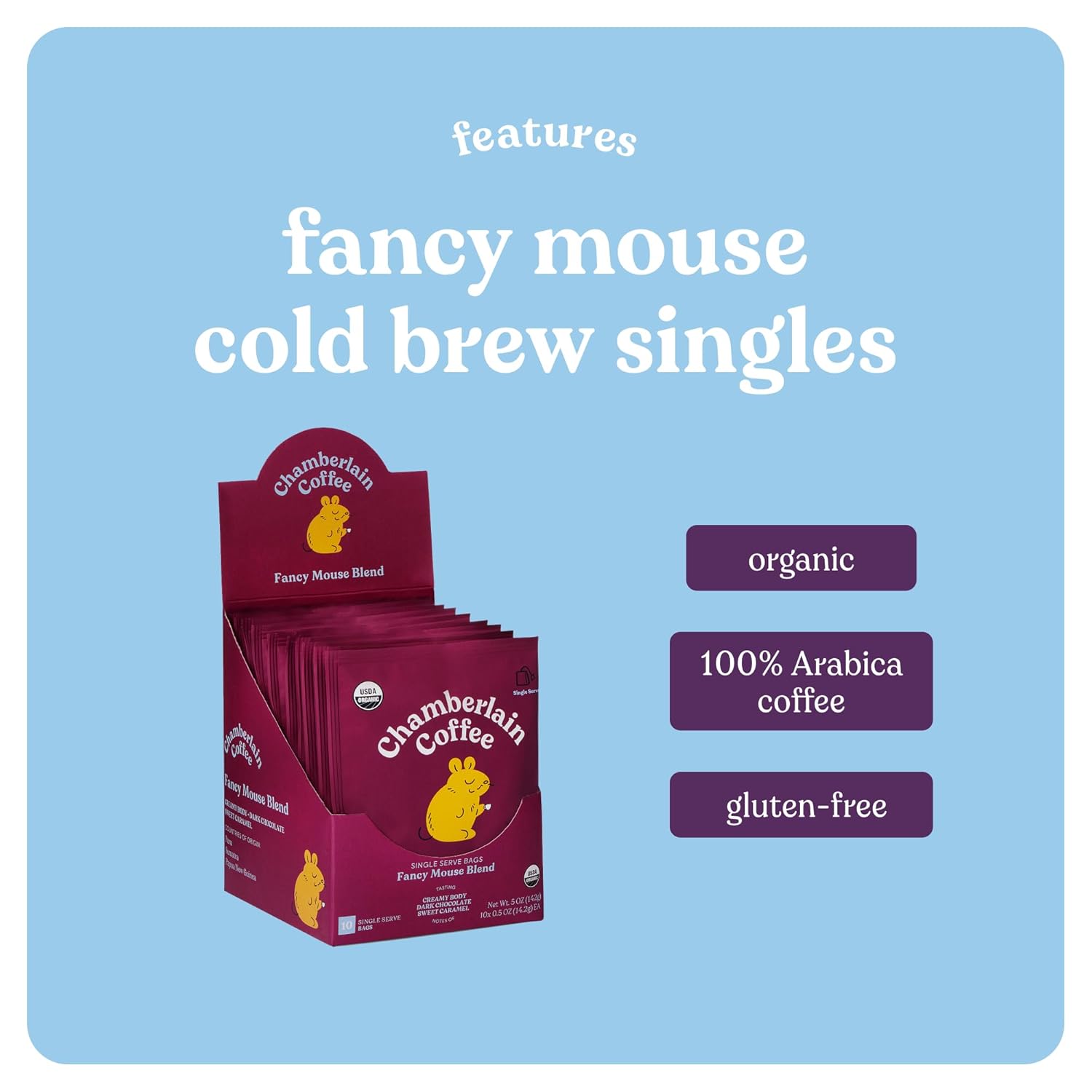 Chamberlain Coffee Fancy Mouse Blend Cold Brew Singles - Dark Roast Organic Coffee Single Serve Bags With Notes Of Creamy Dark Chocolate & Sweet Caramel - 10 Single Serve Cold Brew Sachets