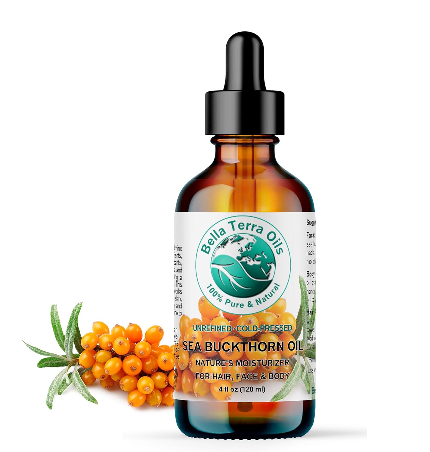 Bella Terra Oils - Sea Buckthorn Oil 4 oz - Unlock the Gold Standard in Skincare, Infused with Omega-3, Omega-6 & Carotenoids, Elevate Your Cosmetic Routine