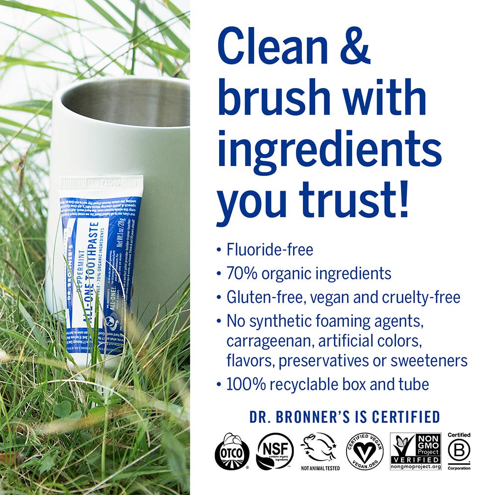 Dr. Bronner’s - All-One Toothpaste (Peppermint, 1 Ounce, 3-Pack) - 70% Organic Ingredients, Natural and Effective, Fluoride-Free, SLS-Free, Helps Freshen Breath, Reduce Plaque, Whiten Teeth, Vegan : Health & Household