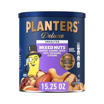 Planters Deluxe Unsalted Mixed Nuts, Party Snacks, Plant-Based Protein, 15.25 Oz Canister