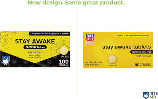 Rite Aid Stay Awake Tablets Caffeine, 200 mg - 100 Tablets | Caffeine Pills | Caffeine Supplement | Caffeine Pills 200mg | Equal to About a Cup of Coffee | Mental Alertness Aid | Energy Pills