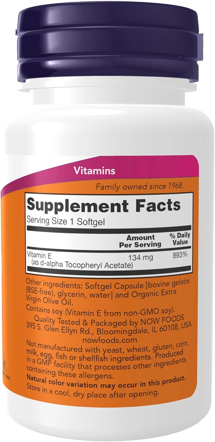 NOW Supplements, Vitamin E-200 IU, D-Alpha Tocopheryl, Antioxidant Protection*, 100 Softgels