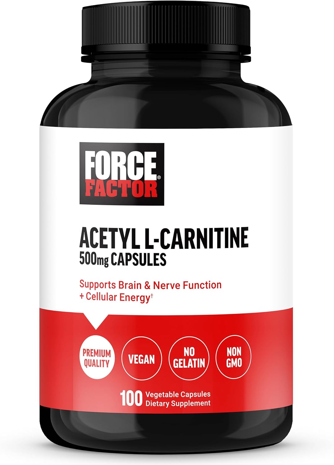 Force Factor Acetyl L-Carnitine Brain Supplement, Nerve Support Supplement, and Cellular Energy Booster, Acetyl L-Carnitine 500mg, Premium Quality, Vegan, Non-GMO, 100 Vegetable Capsules