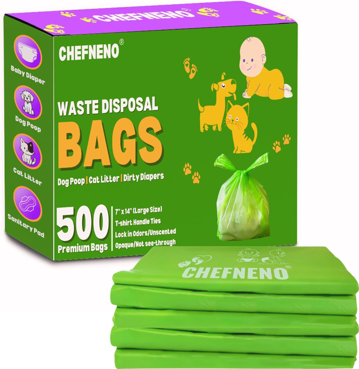 Baby Diaper Bag Disposable Biodegradable Unscented Easy Tie Handles (500 Bags) Made W/Epi Additive Bulk Diaper Sacks Dog Poop Waste Bags Cat Litter Clump & Poop Bags Sanitary Pad Waste Bags (500 Ct.)