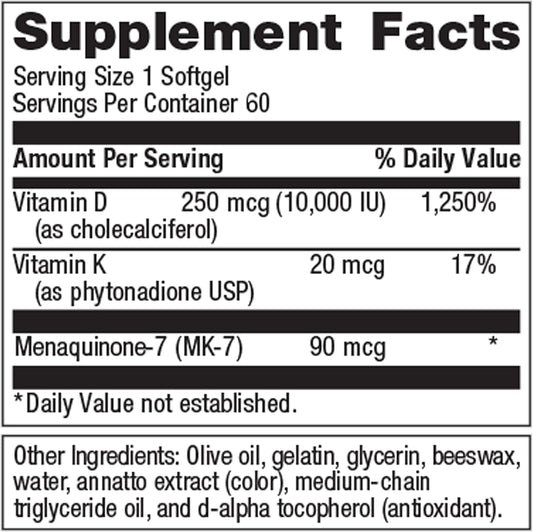 Metagenics Vitamin D3 + K - For Immune Support, Bone Health & Heart Health* - Vitamin D With Mk-7 (Vitamin K2) - Non-Gmo - Gluten-Free - 60 Softgels - 10,000 Iu