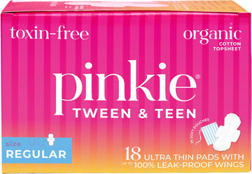 Pinkie Period Pads for Tweens & Teens - Designed for Smaller Underwear - Organic Cotton Topsheet Teen Pads with Wings - Chlorine Free & Fragrance Free - Teen Regular, 18 Count