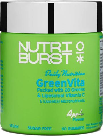 Nutriburst Greenvita - Super Greens Blend Gummies - Fruit + Veg + 100% Fruiting Bodies Mushrooms + 200 Million Live Bacteria Cultures - Boosted With Vitamins - 1 Month Supply - Suitable For Vegans