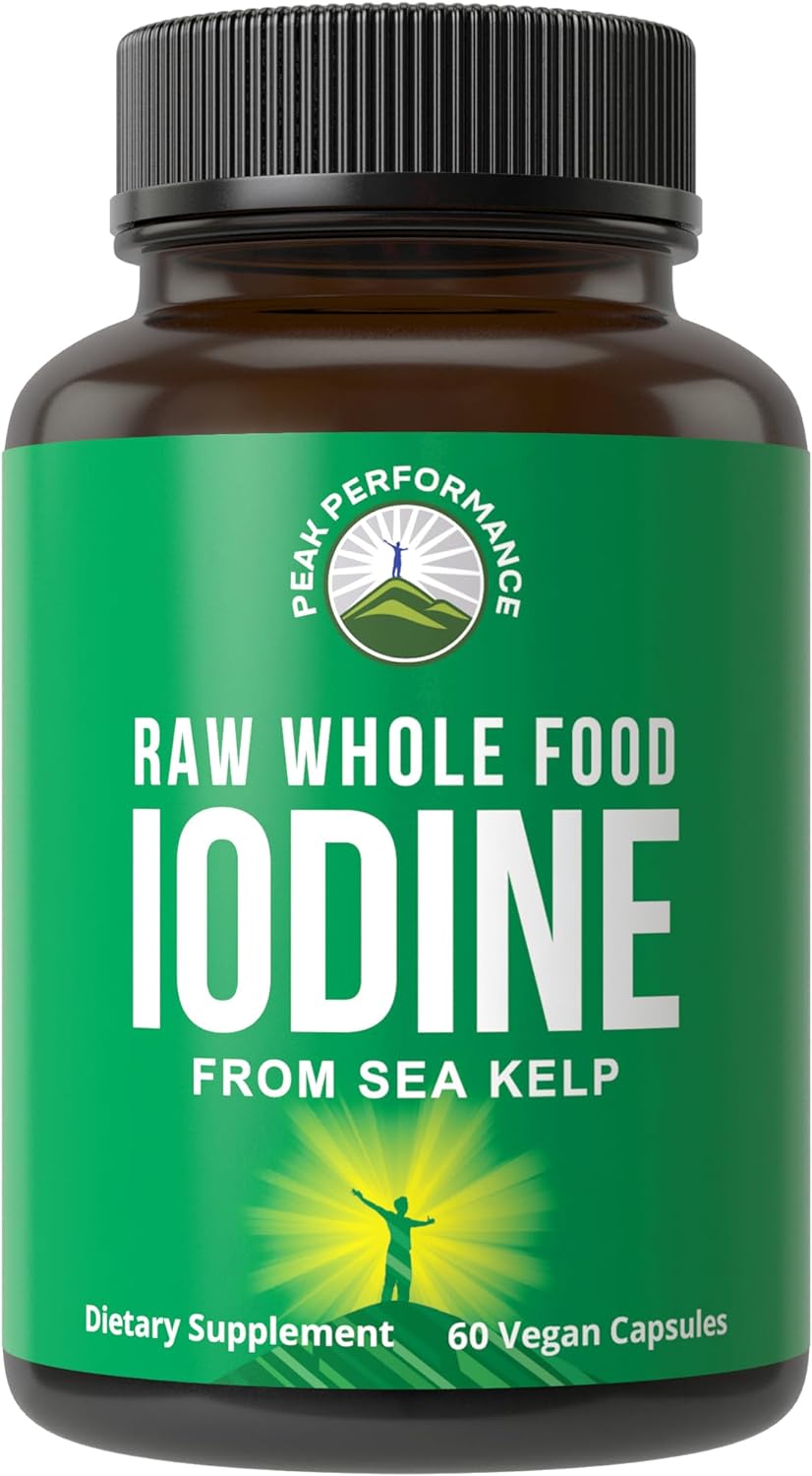 Raw Whole Food Iodine Supplement From Organic Kelp (Ascophyllum Nodosum) By Peak Performance. Potassium Iodide Support Tablets. For Metabolism, Energy, And Immune. 60 Vegan Capsules, Pills