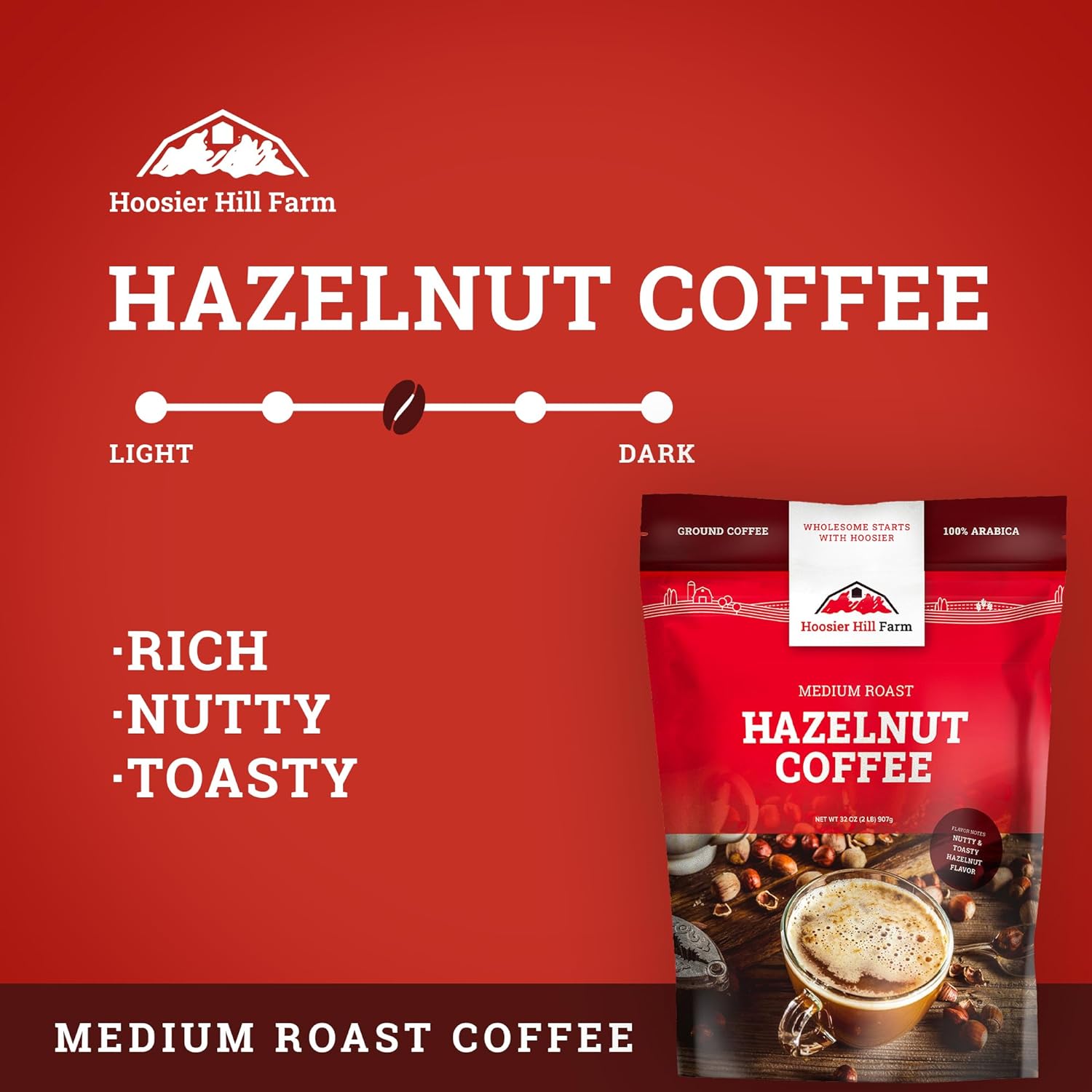 Hoosier Hill Farm Hazelnut Flavored Ground Coffee, Medium Roast, 32oz (2LB), Resealable Bag : Grocery & Gourmet Food