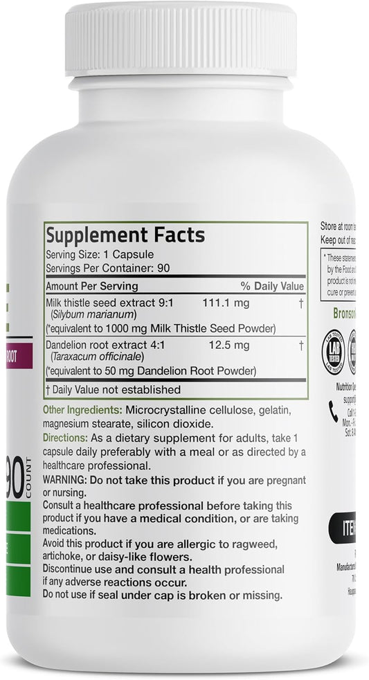 Bronson Milk Thistle Silymarin Marianum & Dandelion Root Liver Health Support, Antioxidant Support, Detox, 90 Capsules