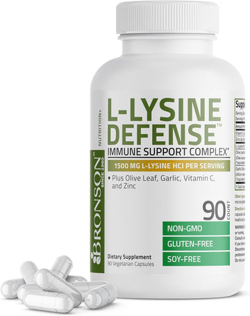 Bronson L-Lysine Defense Immune Support Complex 1500 Mg L-Lysine Plus Olive Leaf, Garlic, Vitamin C And Zinc - Non-Gmo, 90 Vegetarian Capsules