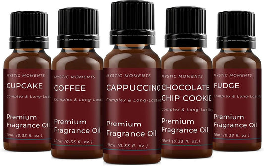 Mystic Moments | Coffee Shop Fragrance Oil Gift Starter Pack 5x10ml | Cappuccino, Chocolate chip cookie, Coffee, Cupcake, Fudge | Perfect as a gift