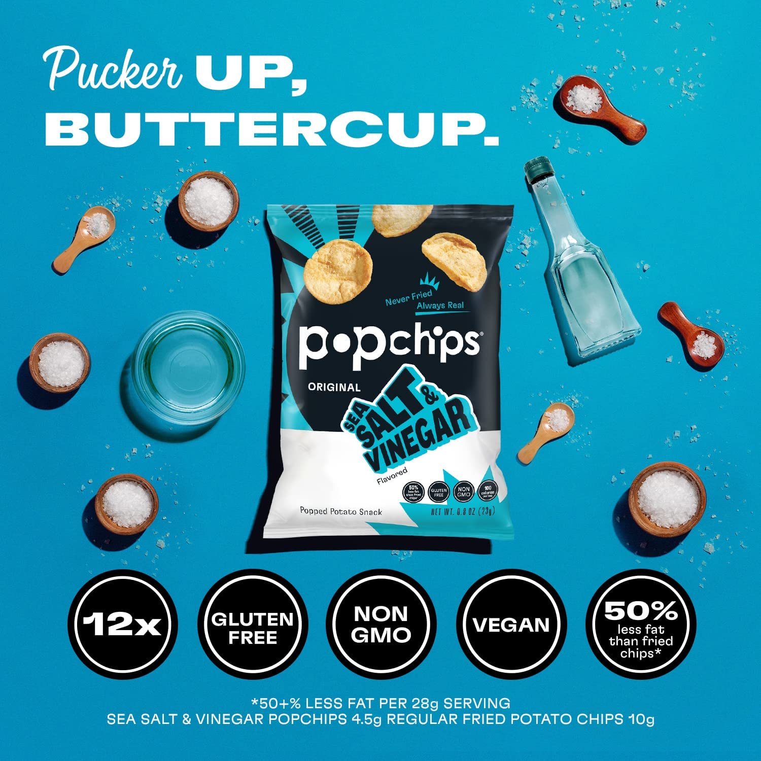Popchips Potato Chips, Sea Salt & Vinegar Potato Chips, Single Serve Bags (0.8 Oz), Gluten Free, Low Fat, No Artificial Flavoring (Pack Of 24)