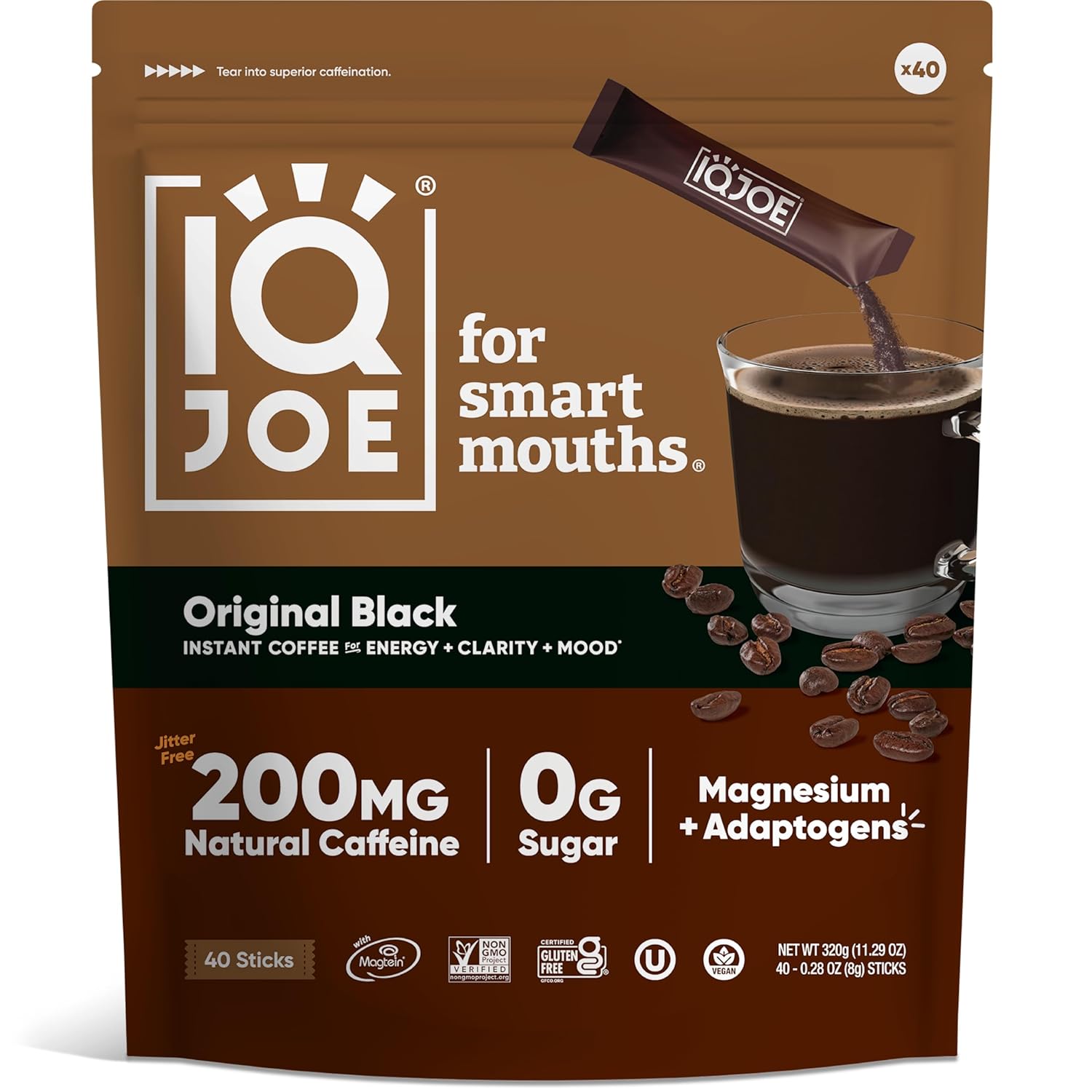 Iqjoe Instant Mushroom Coffee Packets With Lion’S Mane And Magtein Magnesium L-Threonate - Original Black - Clarity And Mood Enhancing - Sugar Free, Keto, Vegan - 200Mg Natural Caffeine - 40 Count