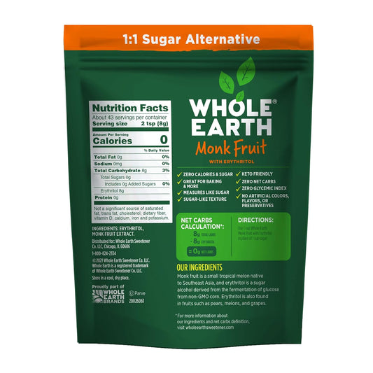 Whole Earth Monk Fruit Sweetener With Erythritol, Plant-Based Sugar Alternative, 12 Ounce Pouch