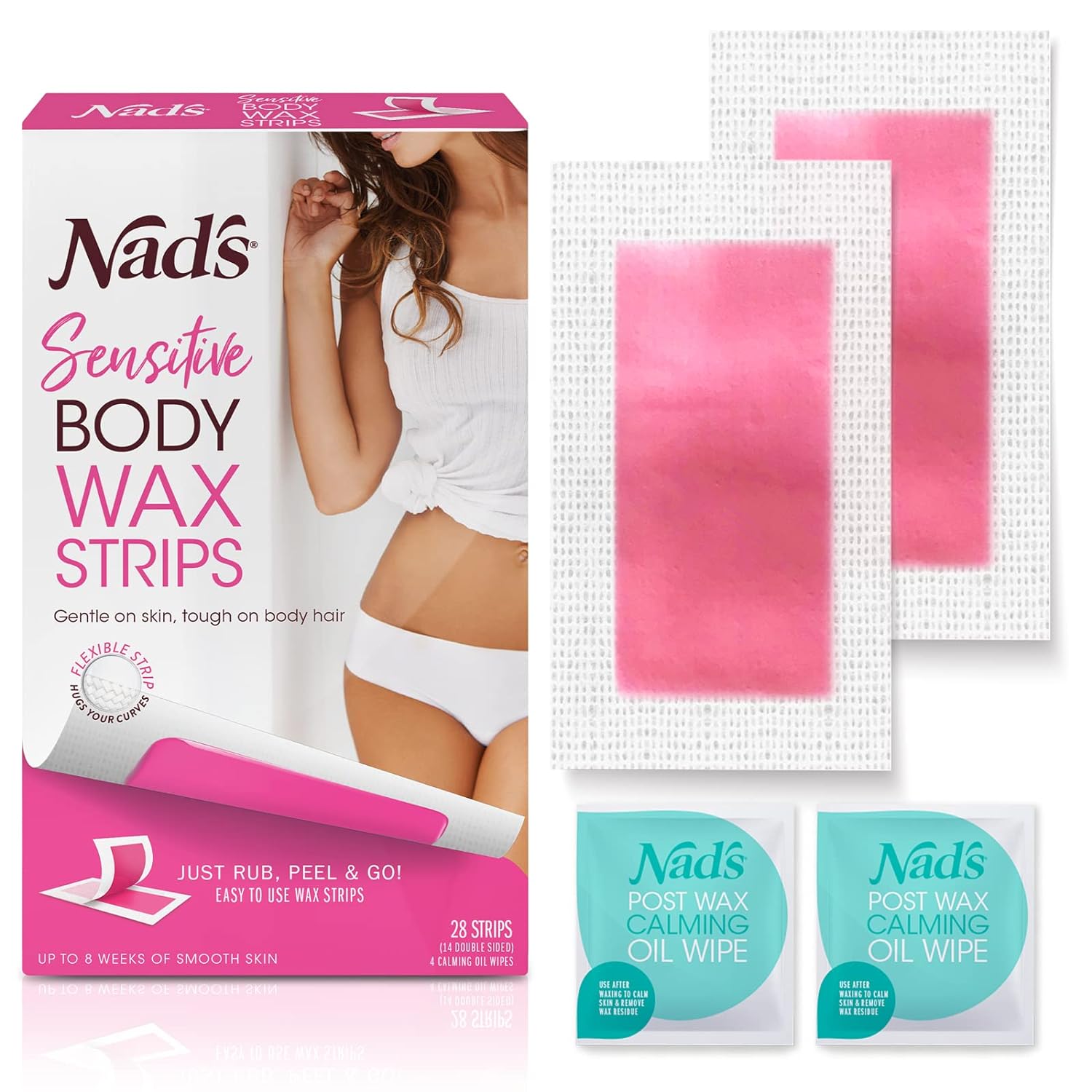 Nad’S Body Wax Strips For Sensitive Skin, Hair Removal For Sensitive Skin, Hypoallergenic, Includes 28 Waxing Strips & 2 Post Wax Calming Oil Wipes