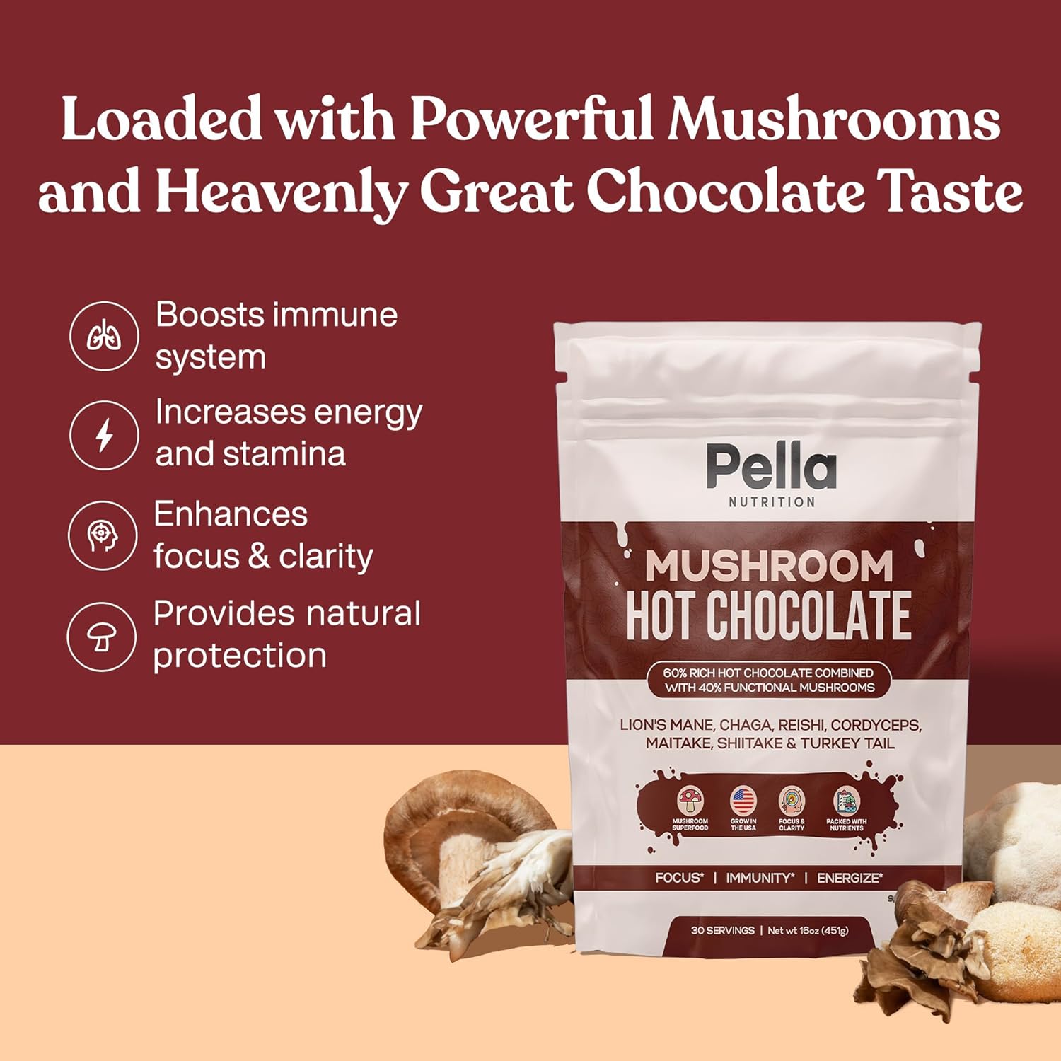Organic Mushroom Hot Chocolate Blend (30 Servings) with 7 Superfood Mushrooms - Lion's Mane, Reishi, Chaga, Cordyceps, Shiitake, Maitake, and Turkey Tail - Delicious Fairtrade Instant Hot Cocoa Mix : Grocery & Gourmet Food