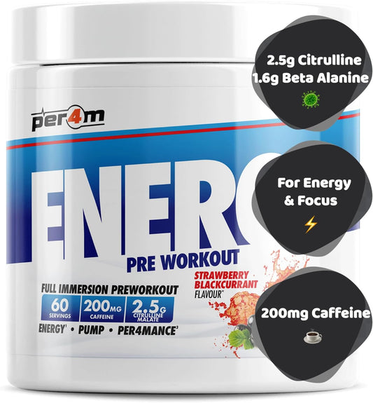 Per4M Energy Pre Workout With Amino Acids | Caffeine, Tyrosine, Citrulline & Theobromine | Endurance, Focus & Sustained Power | 60 Servings (390G, Strawberry Blackcurrant)