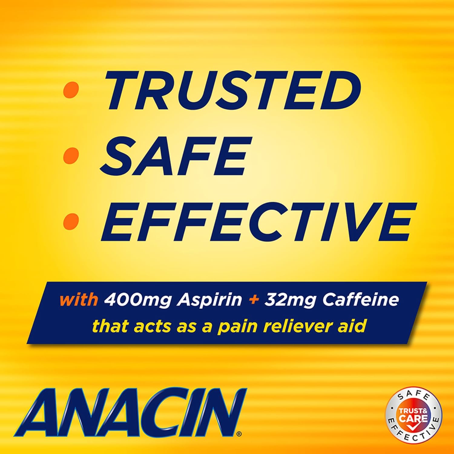 Anacin Fast Pain Relief, Aspirin + Caffeine Pain Reliever, 100 coated tablets : Health & Household