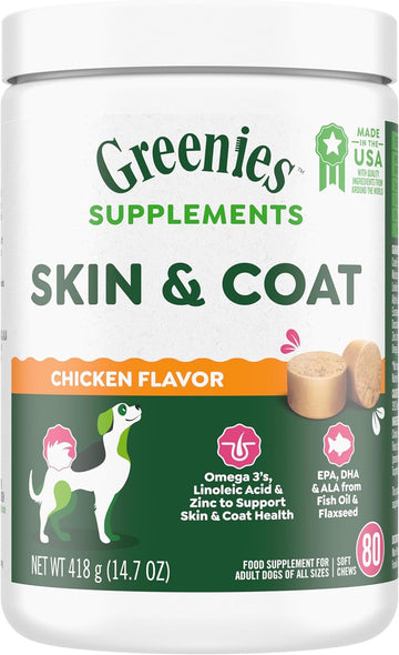 Greenies Supplements Dog Skin And Coat Supplements With Fish Oil & Omega 3 Fatty Acids, Chicken Flavor, 80 Count Soft Chews, 14.7 Oz