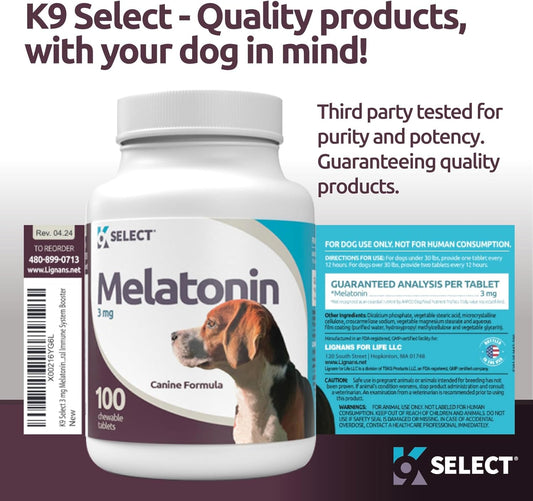 K9 Select 3 Mg Melatonin - 100 Chewable Tablets, Melatonin For Dogs - Natural Immune System Booster