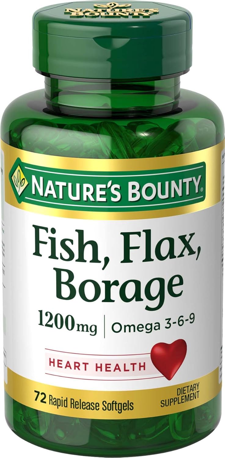 Nature'S Bounty Fish, Organic Flaxseed And Borage Oils, Omega 3-6-9 And Fatty Acids, Supports Heart, Cellular And Metabolic Function, 1200 Mg, 72 Softgels (Packaging May Vary)