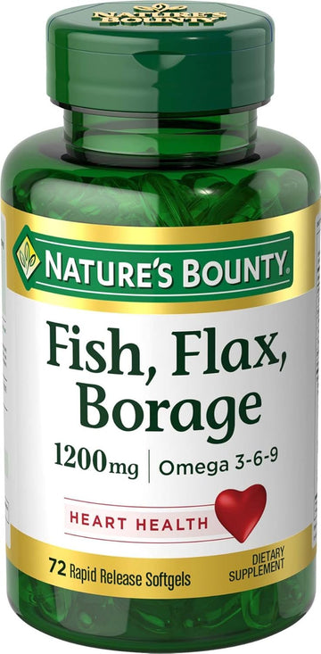 Nature'S Bounty Fish, Organic Flaxseed And Borage Oils, Omega 3-6-9 And Fatty Acids, Supports Heart, Cellular And Metabolic Function, 1200 Mg, 72 Softgels (Packaging May Vary)